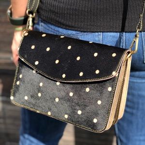 Women Genuine Leather Crossbody Shoulder Bag Hair On Hide Handmade Black Tan Dot